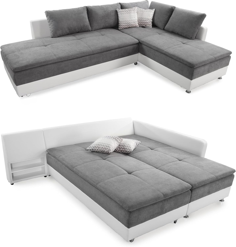 luma-home Ecksofa 15103, Dauerschläfer-Doppelbett 306x223 cm, Schwenkteil links, Bettkasten, Regal, Boxspring, Federkern, Wellenunterfederung, Topper, Mikrofaser Hell-Grau/Kunstleder Weiß Bild 1