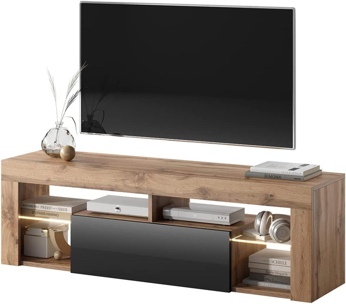 Selsey BIANKO – TV-Lowboard/TV-Schrank in Holz-Optik Nuss Caravaggio mit Klappe in Schwarz Hochglanz mit LED - 140cm Bild 1