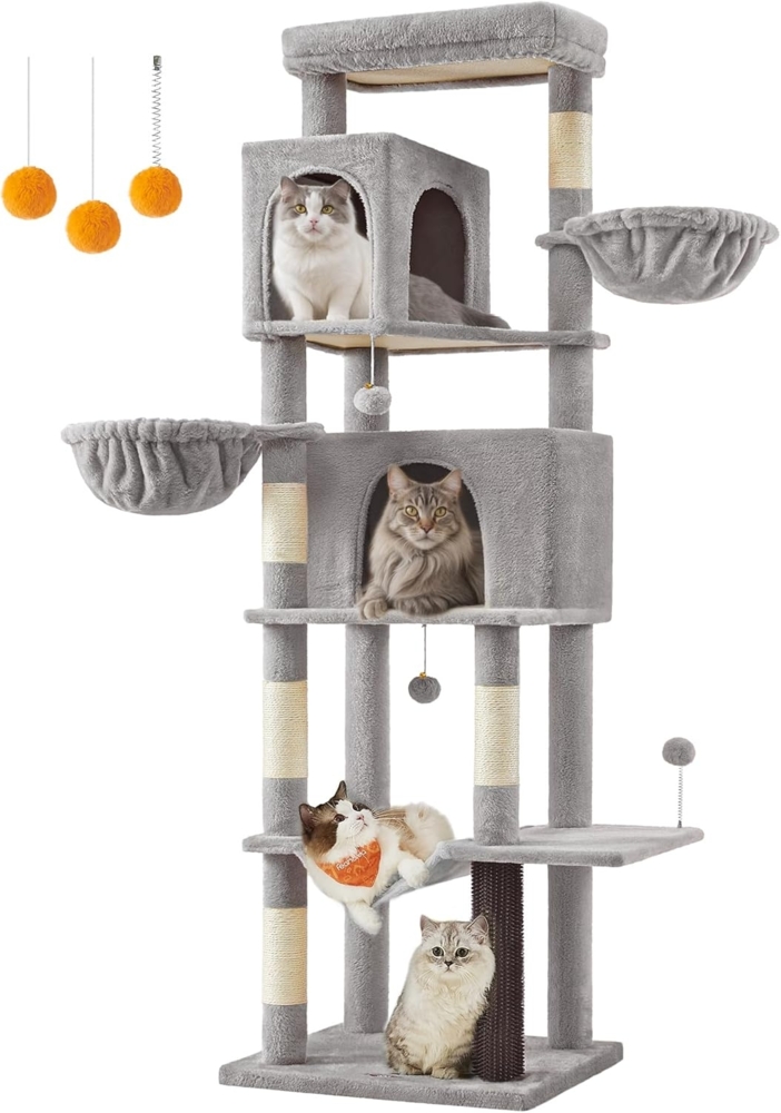 Feandrea Kratzbaum groß, 190,7 cm hoch, XXL, mehrstöckiger Katzenbaum mit 2 Höhlen, 2 Liegemulden, 5 Kratzsäulen, Katzenbürste, große Plattform, Taubengrau Bild 1
