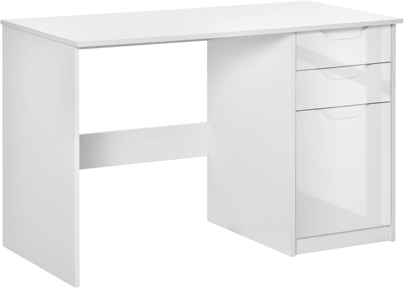 HOMCOM Schreibtisch Computertisch mit 2 Schubladen Schrank Arbeitstisch Bürotisch große Tischplatte Hochglanz Weiß 120 x 60 x 76 cm Bild 1