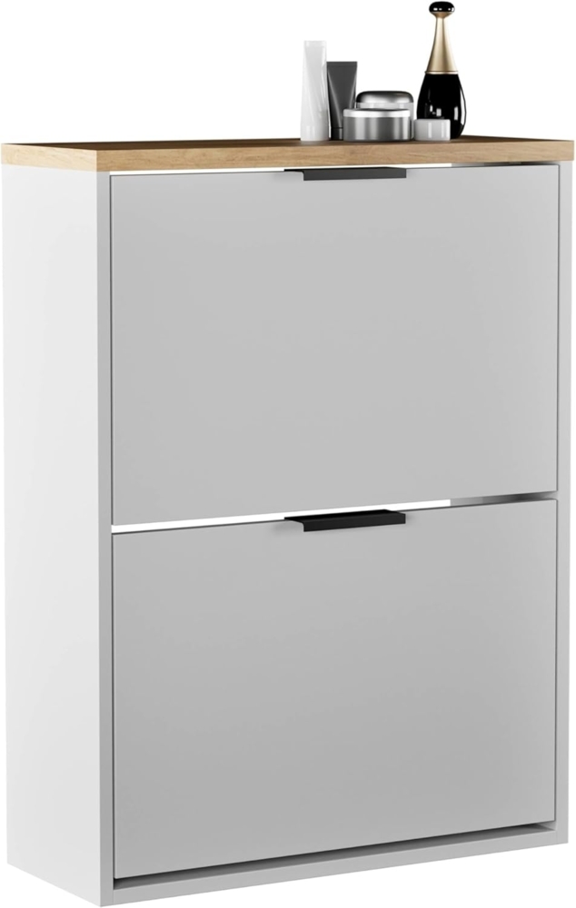 Planetmöbel Schuhschrank schmal mit 2 Klappen platzsparender Schuhregal mit 4 Ablagen, Schuhkommode für Diele, Flur, Garderobe 60 x 23 x 80,5 cm, weiß grau Bild 1