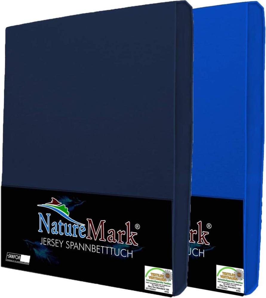 NatureMark 2er Pack Jersey Spannbettlaken, Spannbetttuch 100% Baumwolle in vielen Größen und Farben MARKENQUALITÄT ÖKOTEX Standard 100 | 200x220 cm +40 Steg - Navy/Royal Bild 1