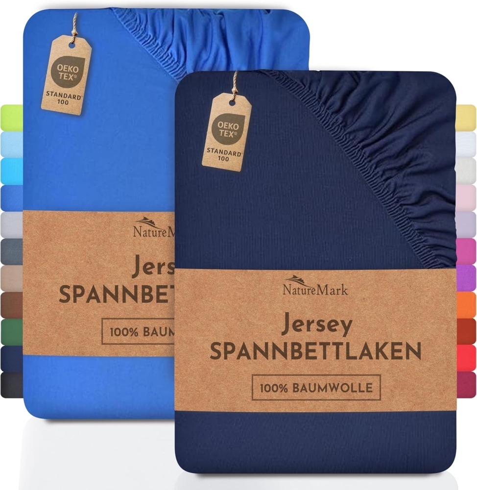 NatureMark 2er Pack Jersey Spannbettlaken, Spannbetttuch 100% Baumwolle in vielen Größen und Farben MARKENQUALITÄT ÖKOTEX Standard 100 | 200x220 cm +40 Steg - Navy/Royal Bild 1