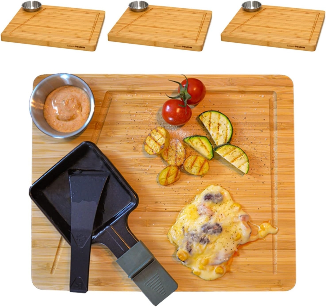 DuneDesign Schneidebrett 4 Personen Raclette Teller Set 30x25 cm Raclette, Holz, Brettchen Pfännchen Untersetzer Bild 1