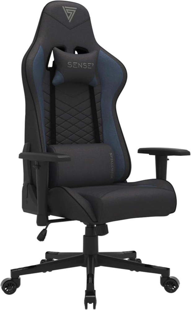 SENSE7 Gaming Stoff Spellcaster Bürostuhl Zocker Gamer Ergonomischer Stuhl Armlehne Einteiliger Stahlrahmen Einstellbarer Neigungswinkel, Schwarz-Blau, 43-52 x 69,5 x 57 Bild 1