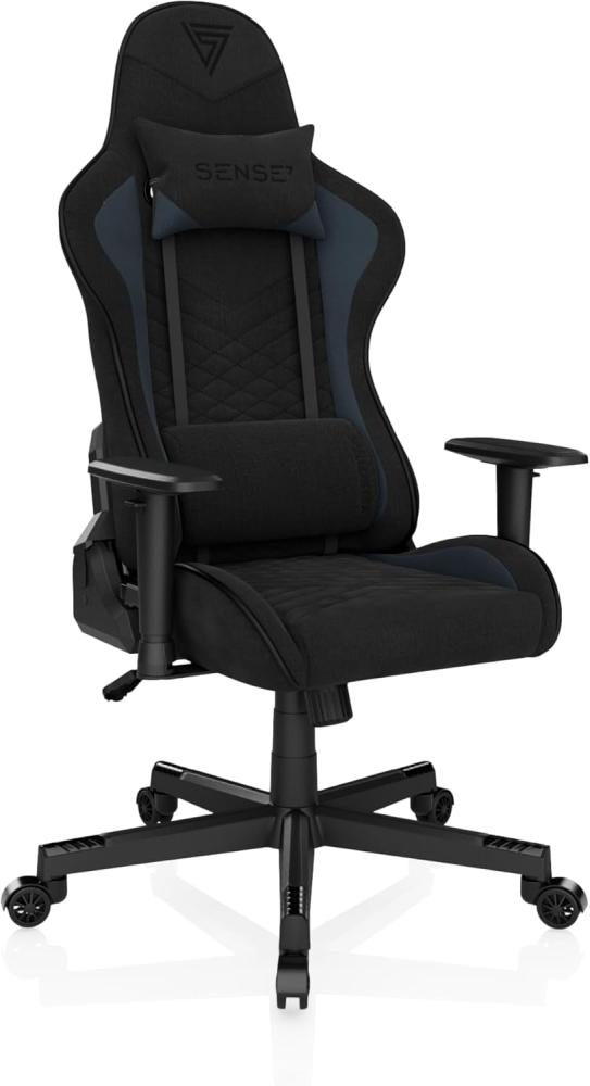 SENSE7 Gaming Stoff Spellcaster Bürostuhl Zocker Gamer Ergonomischer Stuhl Armlehne Einteiliger Stahlrahmen Einstellbarer Neigungswinkel, Schwarz-Blau, 43-52 x 69,5 x 57 Bild 1