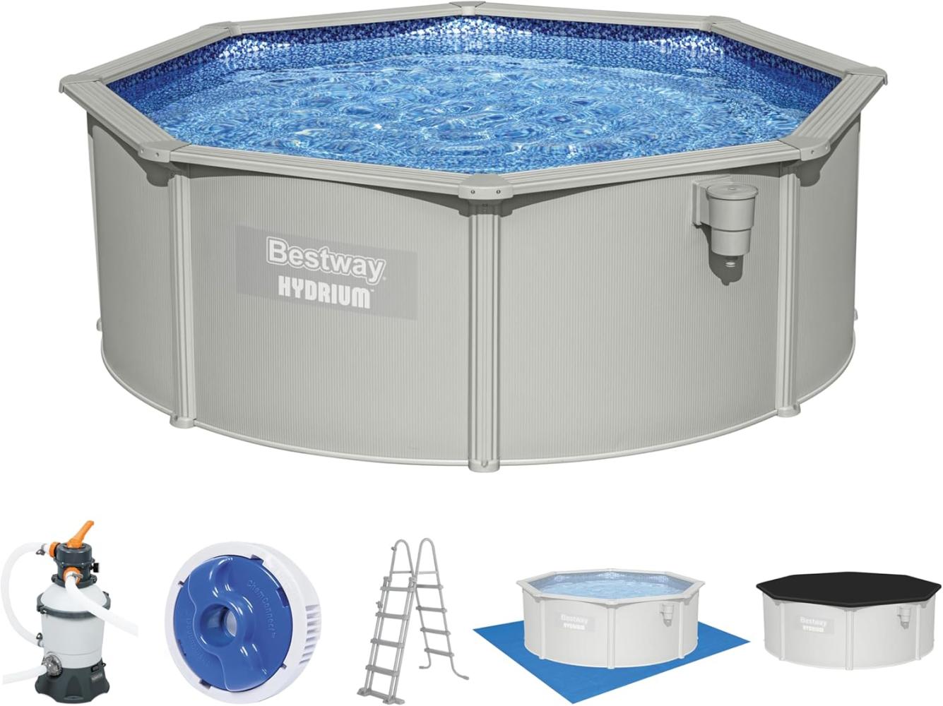 Bestway 'Hydrium™ Ø 360 x 120 cm' Stahlwandpool Komplettset mit Sandfilteranlage, Anschlüssen, Leiter, Abdeckplane, Bodenplane, Chemikaliendosierer Bild 1