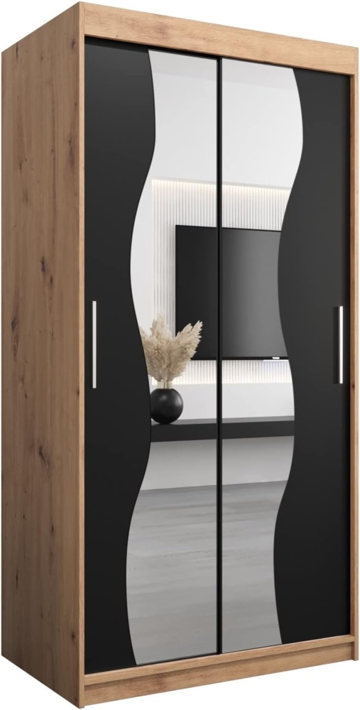 KRYSPOL Schwebetürenschrank Madryt 100 cm mit Spiegel Kleiderschrank mit Kleiderstange und Einlegeboden Schlafzimmer- Wohnzimmerschrank Schiebetüren Modern Design (Artisan Eiche + Schwarz) Bild 1