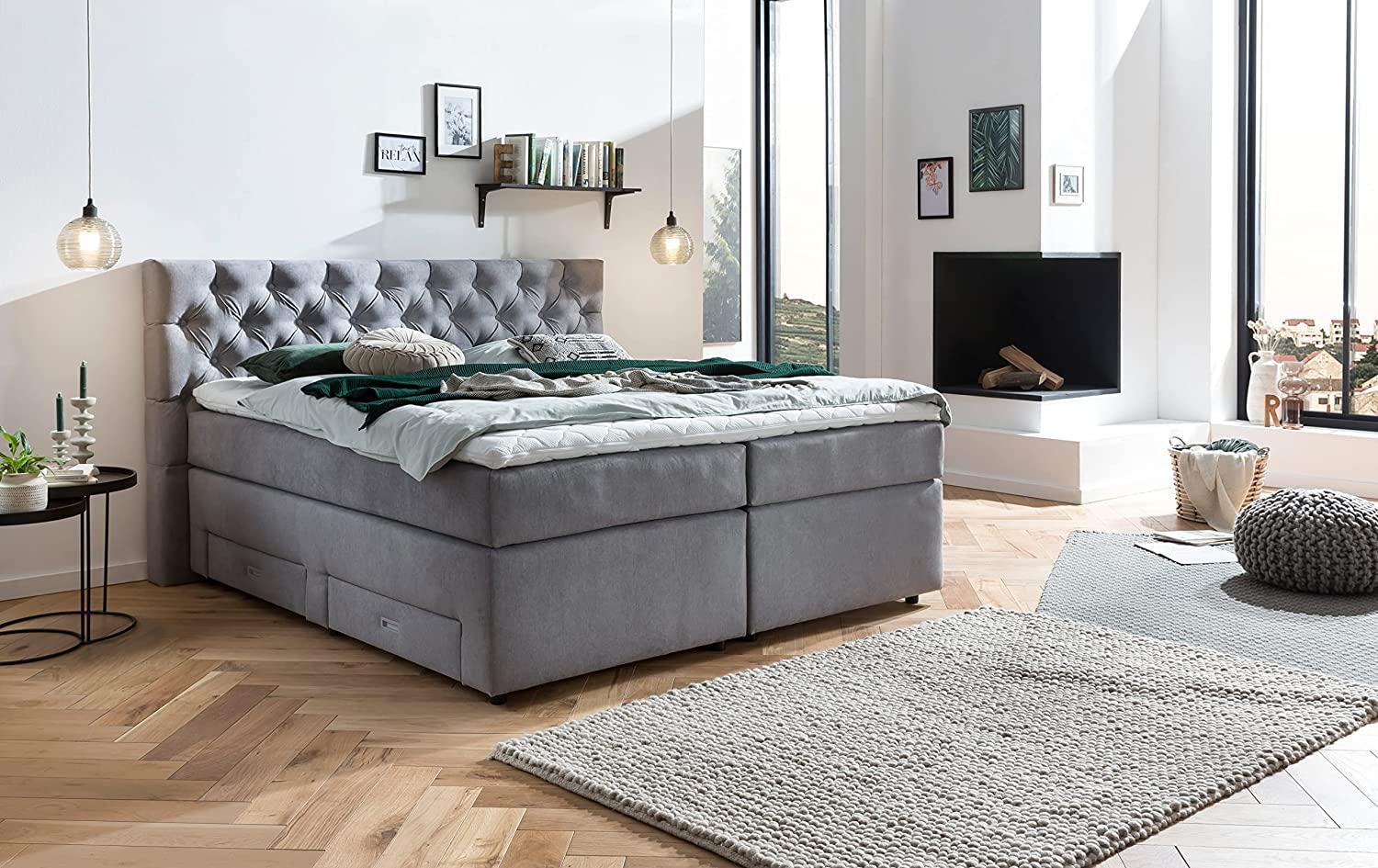 Belanoti Lara Boxspringbett 180x200 mit 4 Schubladen Stauraum Bett 180x200 mit Bettkasten in der Farbe Hellgrau H2 und H3 Chesterfield Kopfteil 7-Zonen Taschenfederkern Matratze inkl. Visco Topper Bild 1