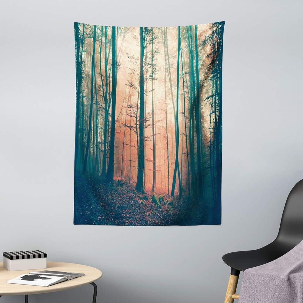 ABAKUHAUS Mystisch Wandteppich und Tagesdecke, Autumn Forest Woodland, aus Weiches Mikrofaser Stoff Wand Dekoration Für Schlafzimmer, 110 x 150 cm, Koralle Dunkelgrün Bild 1