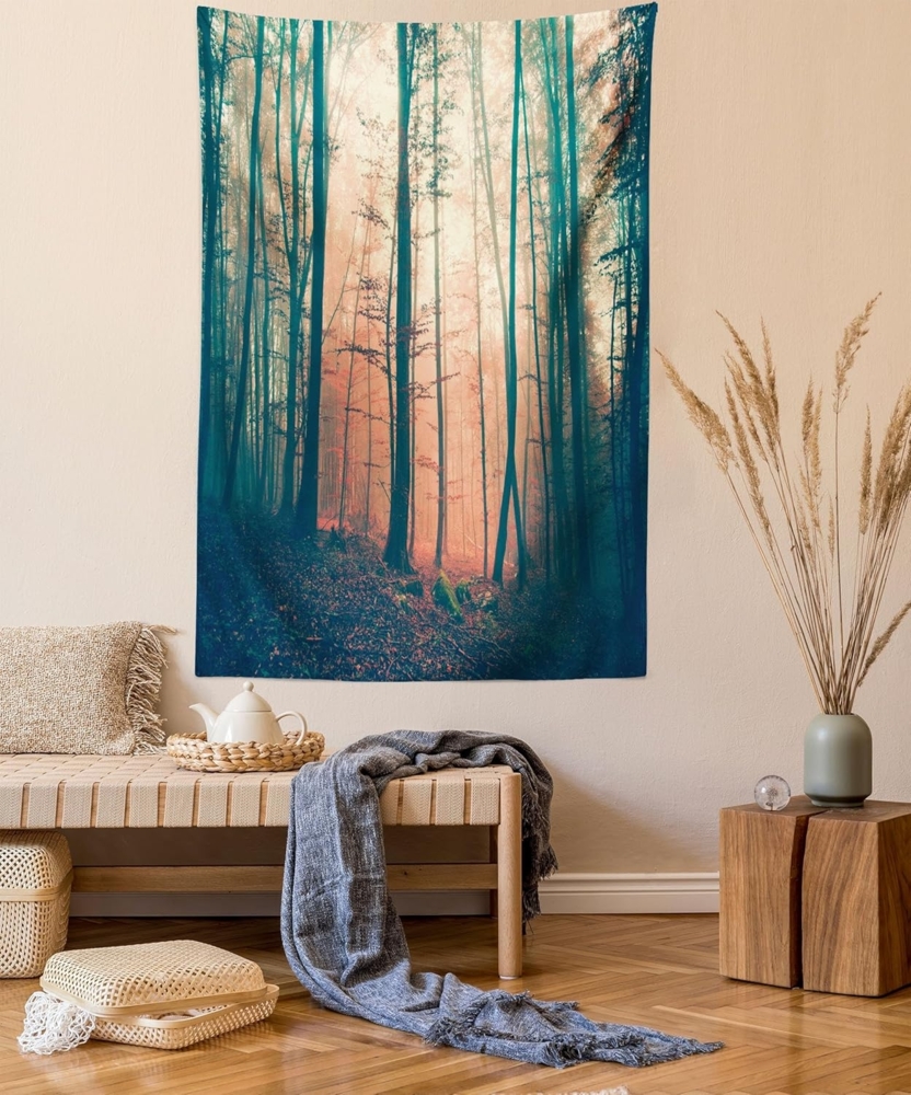 ABAKUHAUS Mystisch Wandteppich und Tagesdecke, Autumn Forest Woodland, aus Weiches Mikrofaser Stoff Wand Dekoration Für Schlafzimmer, 110x150 cm, Koralle Dunkelgrün Bild 1
