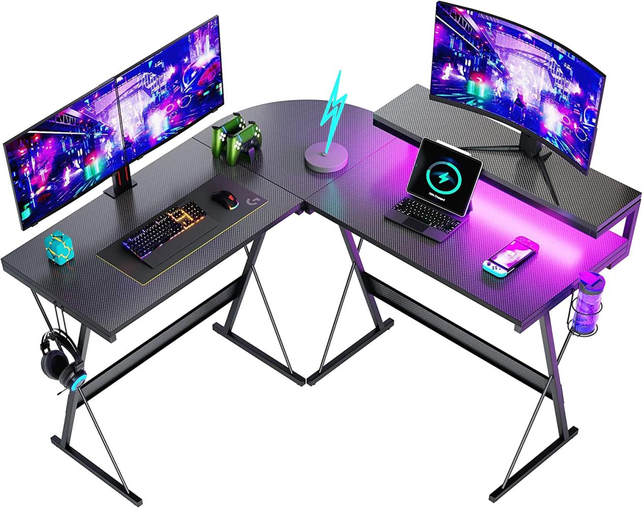 Bestier L förmigen Gaming Schreibtisch Eckschreibtisch mit LED Leuchten Monitorständer 130CM Gaming Computer Eckschreibtisch mit Getränkehalter Headset Haken Ergonomischer Corner Desk Bild 1