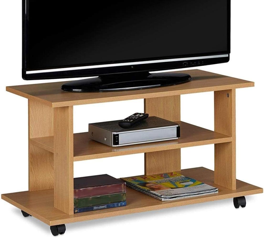 BAKAJI TV-Schrank aus MDF-Holz mit 2 Ablagen für Videospiele DVDs und 4 Rollen, modernes Design, Größe 80 x 40 x 45 cm (Eiche) Bild 1