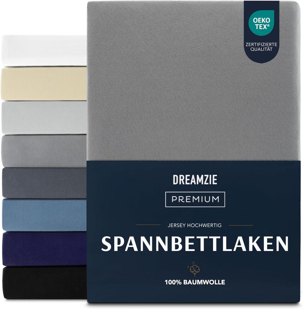 Dreamzie Premium Spannbettlaken 200x200 cm, Spannbetttuch für Dicke Matratzen bis zu 27 cm, Bettlaken 100% Jersey Baumwolle, 150 g/m², Oeko-TEX zertifiziert - Anthrazit Bild 1