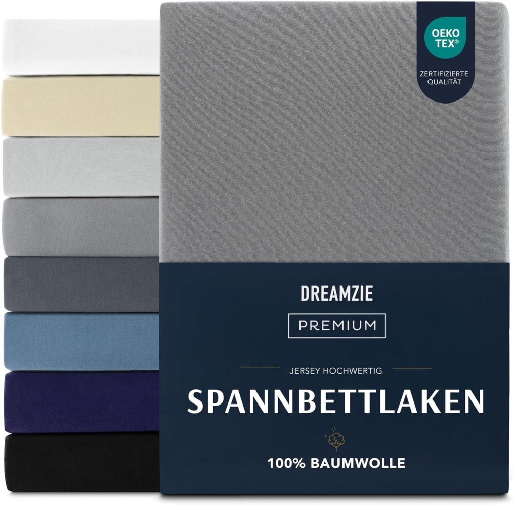 Dreamzie Premium Spannbettlaken 200x200 cm, Spannbetttuch für Dicke Matratzen bis zu 27 cm, Bettlaken 100% Jersey Baumwolle, 150 g/m², Oeko-TEX zertifiziert - Anthrazit Bild 1