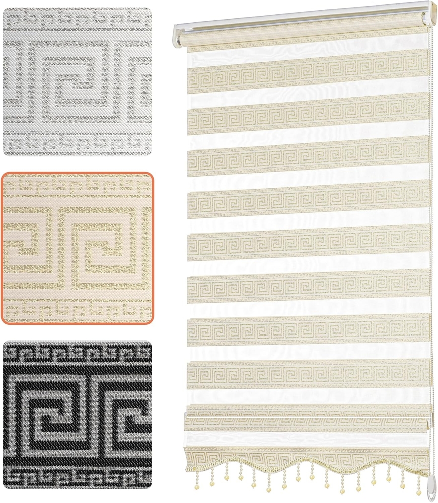 Doppelrollo mit Perlen, Mäander Ornamente Design, Bailena, Lichtschutz, ohne Bohren, freihängend, Klemmfix, glitzernd, Gardine mit Volant-Bordüre Bild 1