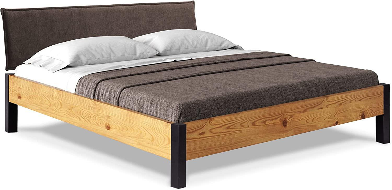 Möbel-Eins CURBY Bett Metallfuß, mit Polsterkopfteil, Material Massivholz, rustikale Altholzoptik, Fichte natur 140x200 cm Stoff Braun ohne Steppung Bild 1