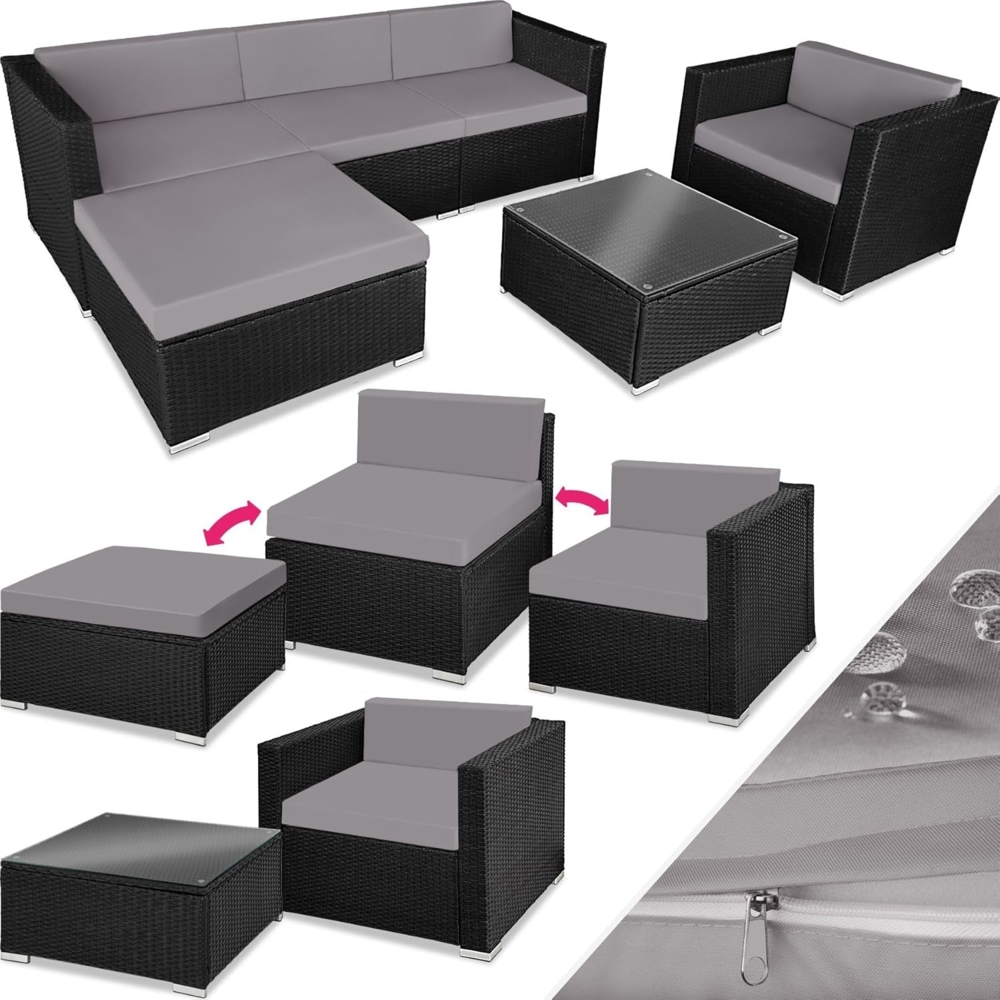 tectake Polyrattan Lounge Set Milano, Luxus Outdoor Gartenmöbel inkl. Sitz- und Rückenkissen, Balkon Möbel/Rattan Gartenmöbel Set mit Sofa, Sessel und Tisch - schwarz/grau Bild 1