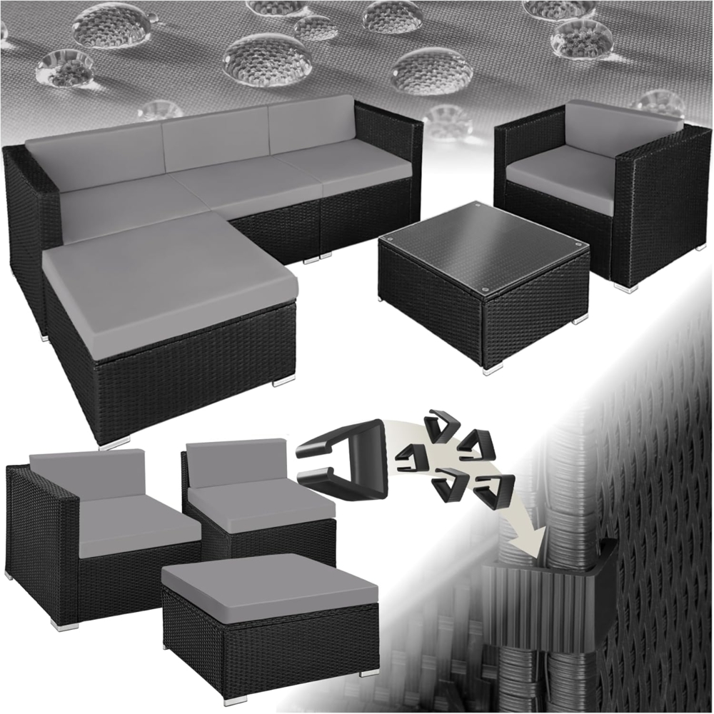 tectake Polyrattan Lounge Set Milano, Luxus Outdoor Gartenmöbel inkl. Sitz- und Rückenkissen, Balkon Möbel/Rattan Gartenmöbel Set mit Sofa, Sessel und Tisch - schwarz/grau Bild 1