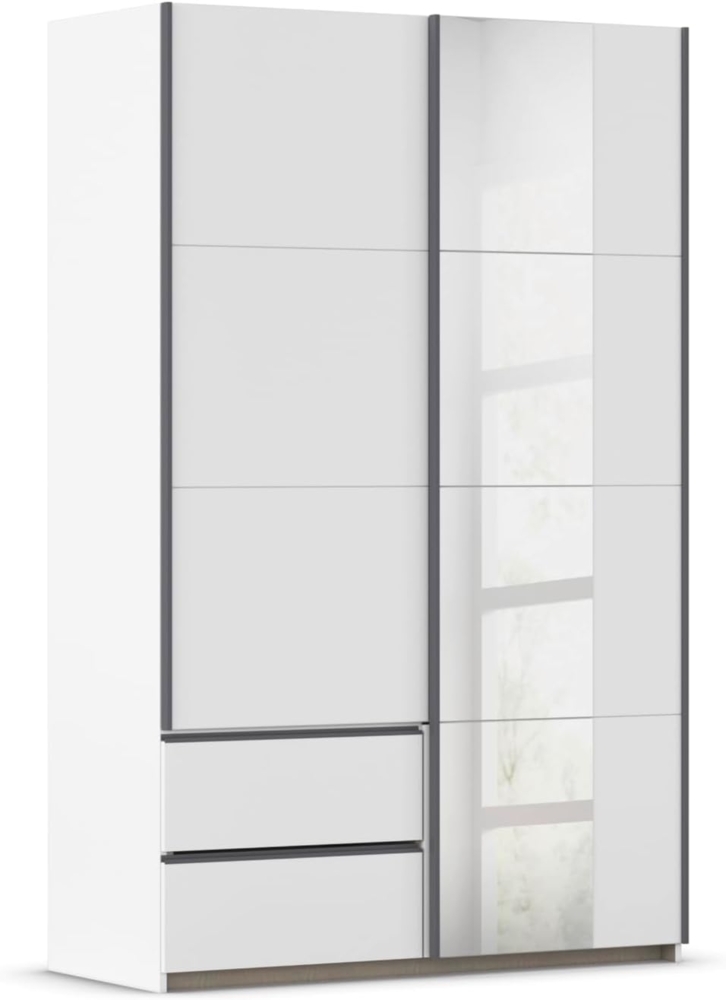 Rauch Möbel Stoke, Schwebetürenschrank, Garderobe, 2-türig, Spiegel, 2 Schubladen, Zubehör Premium, 4 Einlegeböden, Türdämpfer, Farbe Weiß, Griffleisten Grau metallic, 131 x 210 x 59 cm Bild 1