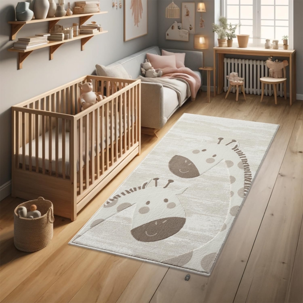 Teppich Kinderzimmer Läufer - 80x150cm - Pastell Beige Creme - Kurzflor Spielteppich mit niedlichen Giraffen Motiv Bild 1