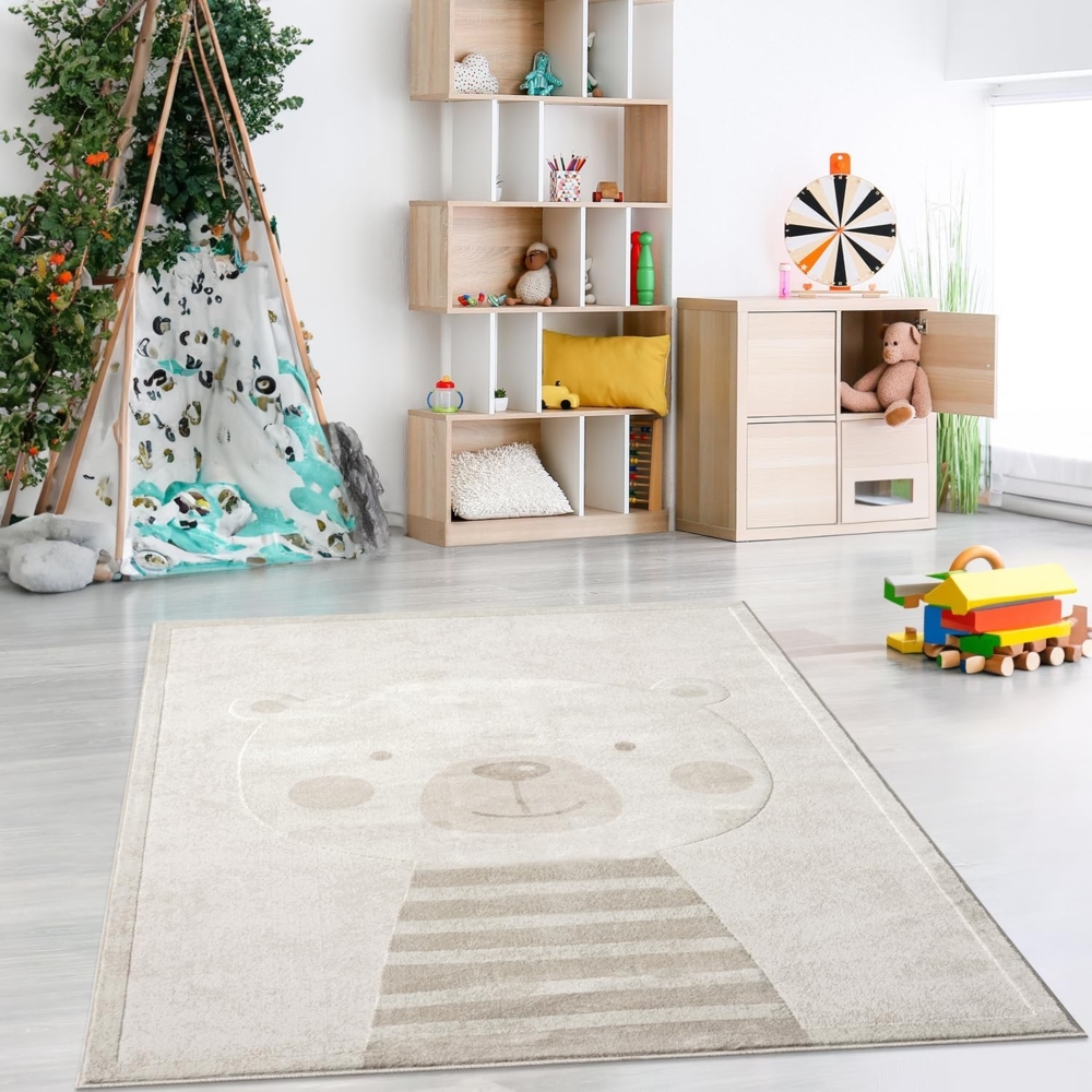 Teppich Kinderzimmer 120x160cm - Pastell Beige Creme - Kurzflor Spielteppich mit niedlichem Bär Motiv Bild 1