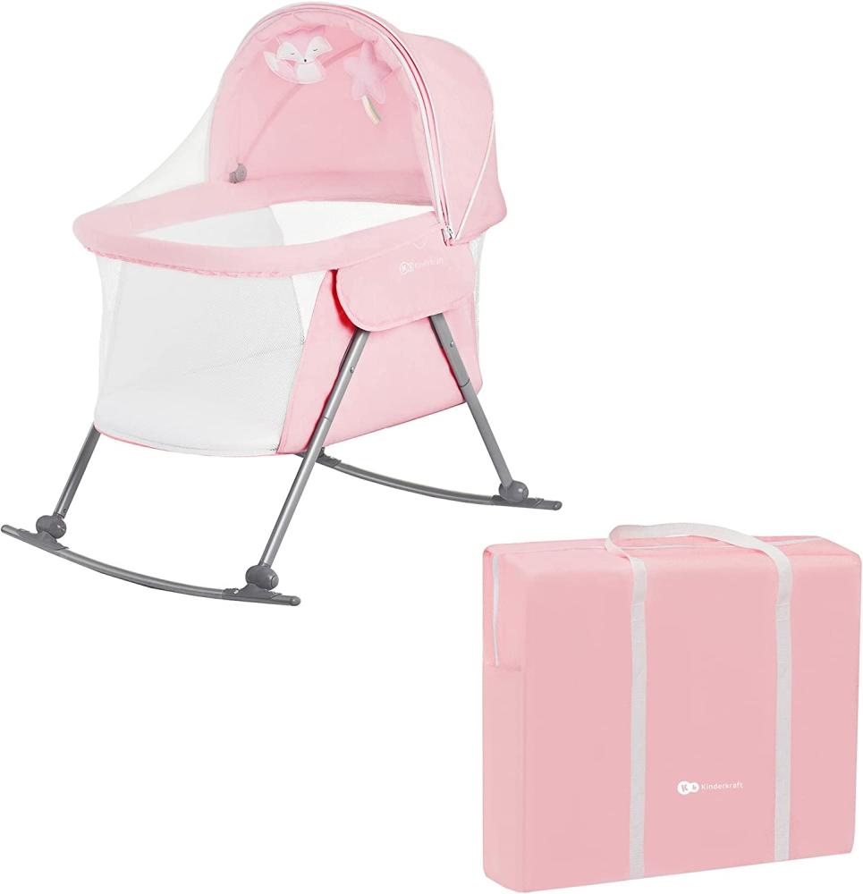 Kinderkraft Kinderbett 3 in 1 lOVI, Kinderreisebett, Stubenwagen, Babywiege, Baby Wippe, Zusammenklappbar, Einfach Transport, mit Zubehör, Tasche, Moskitonetz,von Geburt bis 9 kg, Rosa Bild 1