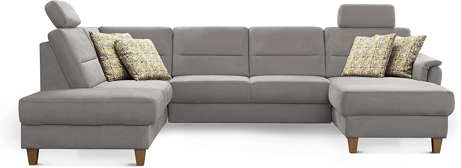 CAVADORE U-Form-Sofa Palera / Federkern-Wohnlandschaft mit Schlaffunktion, Stauraum und 2 Kopfstützen / 314 x 89 x 212 / Mikrofaser, Hellgrau Bild 1