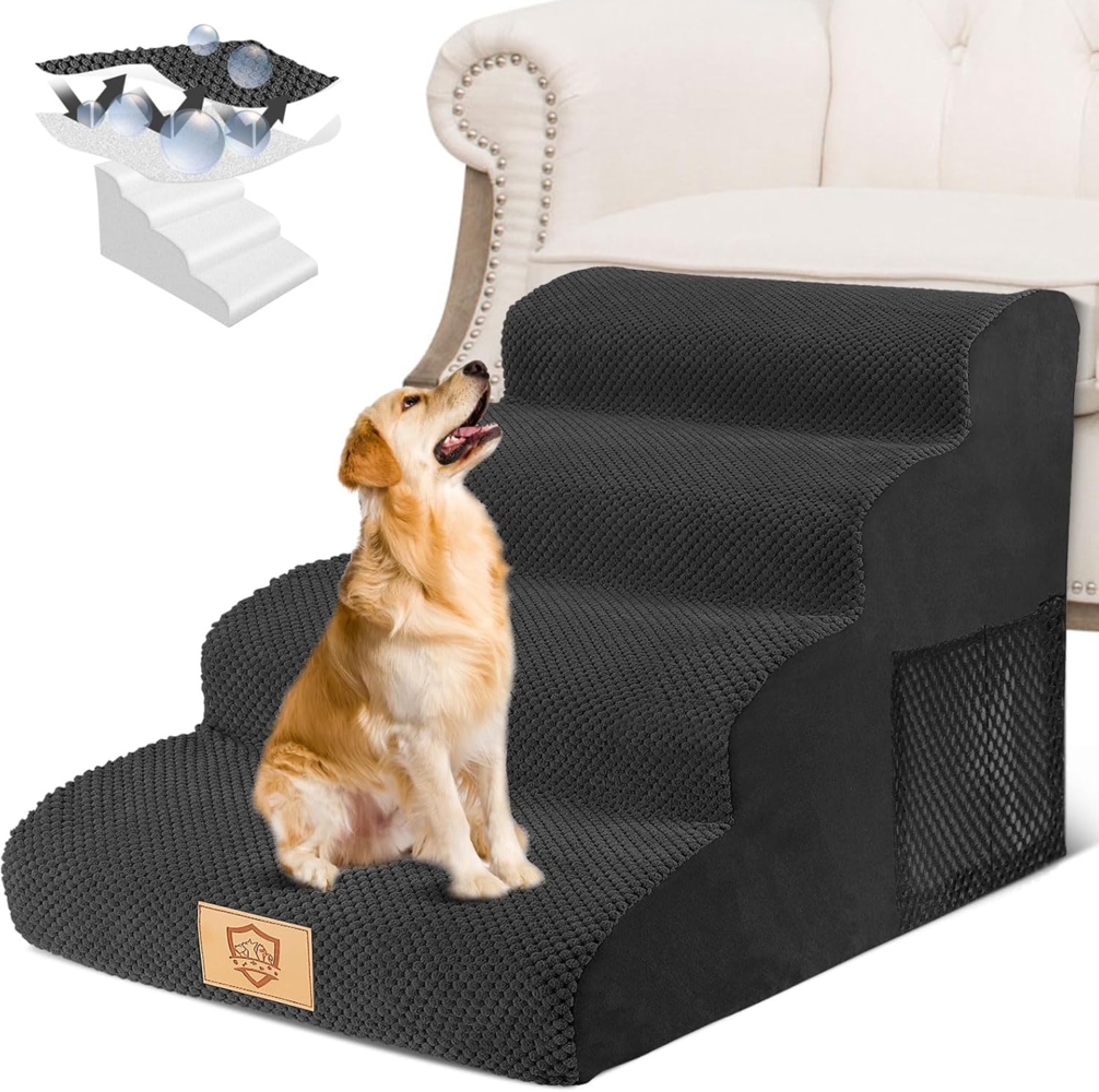 HEVOL Hundetreppe für kleine Hunde – 4-stufige Haustiertreppe mit abnehmbarem, hochdichtem Schwamm, waschbare Hunderampe, Hunde-Treppe für Bett und Sofa (Schwarz) Bild 1