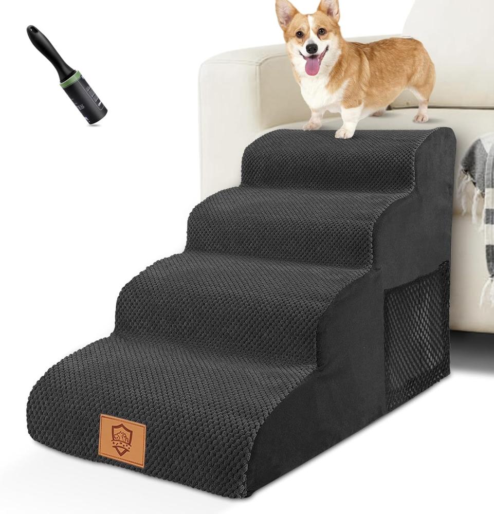 HEVOL Hundetreppe für kleine Hunde – 4-stufige Haustiertreppe mit abnehmbarem, hochdichtem Schwamm, waschbare Hunderampe, Hunde-Treppe für Bett und Sofa (Schwarz) Bild 1