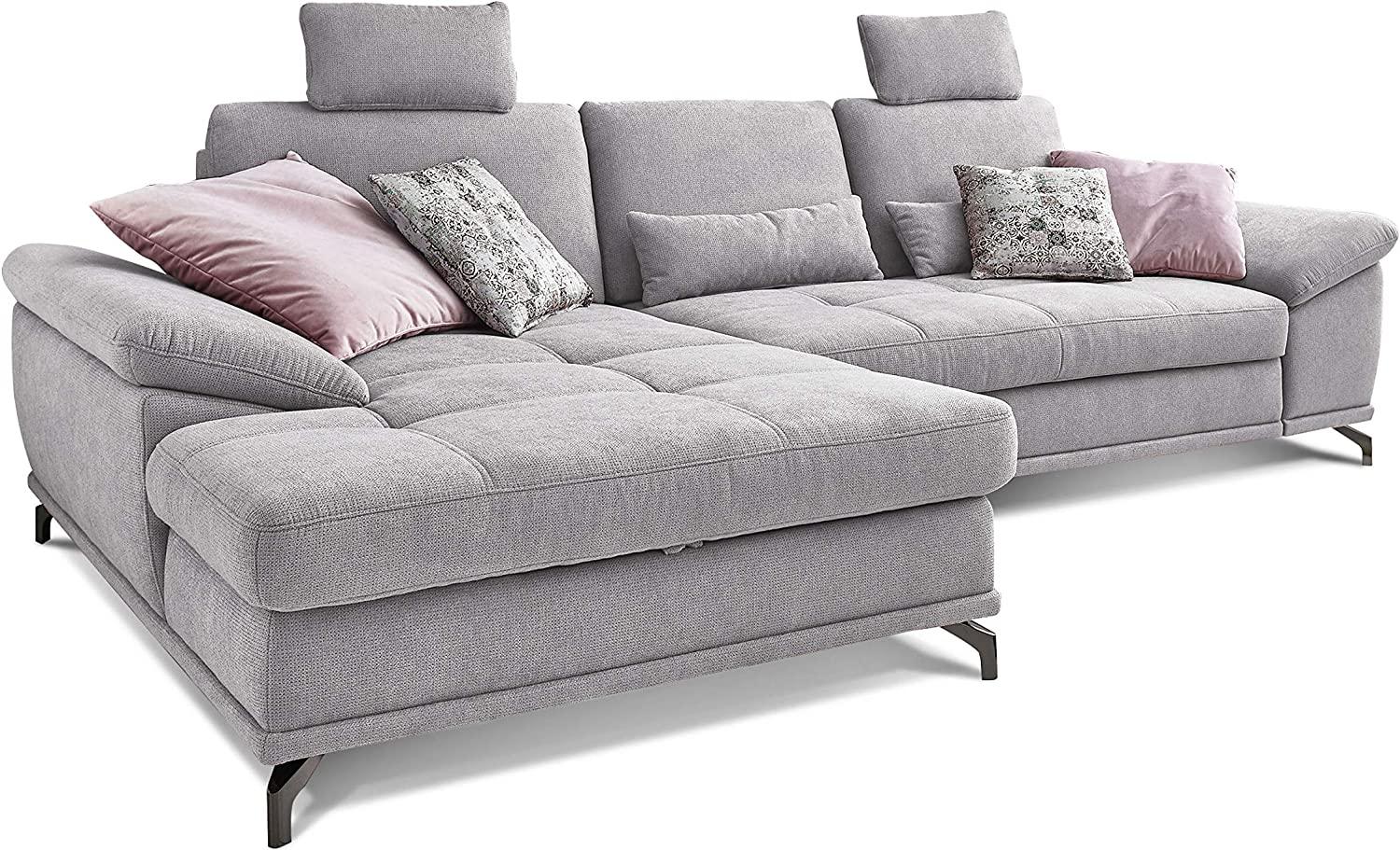 Cavadore L-Form-Sofa Castiel mit Federkern / Großes Schlafsofa mit Bettfunktion, Sitztiefenverstellung, Kopfstützen und XL-Longchair / 312 x 114 x 173 / Webstoff, Hellgrau Bild 1