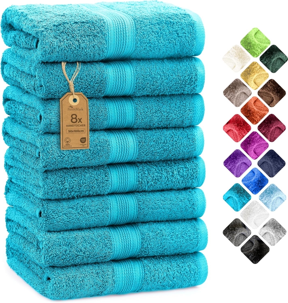 NatureMark 8 Handtücher Set - 100% Baumwolle - Saugfähige und langlebige Handtücher, Größe 50×100 cm, Türkis Bild 1