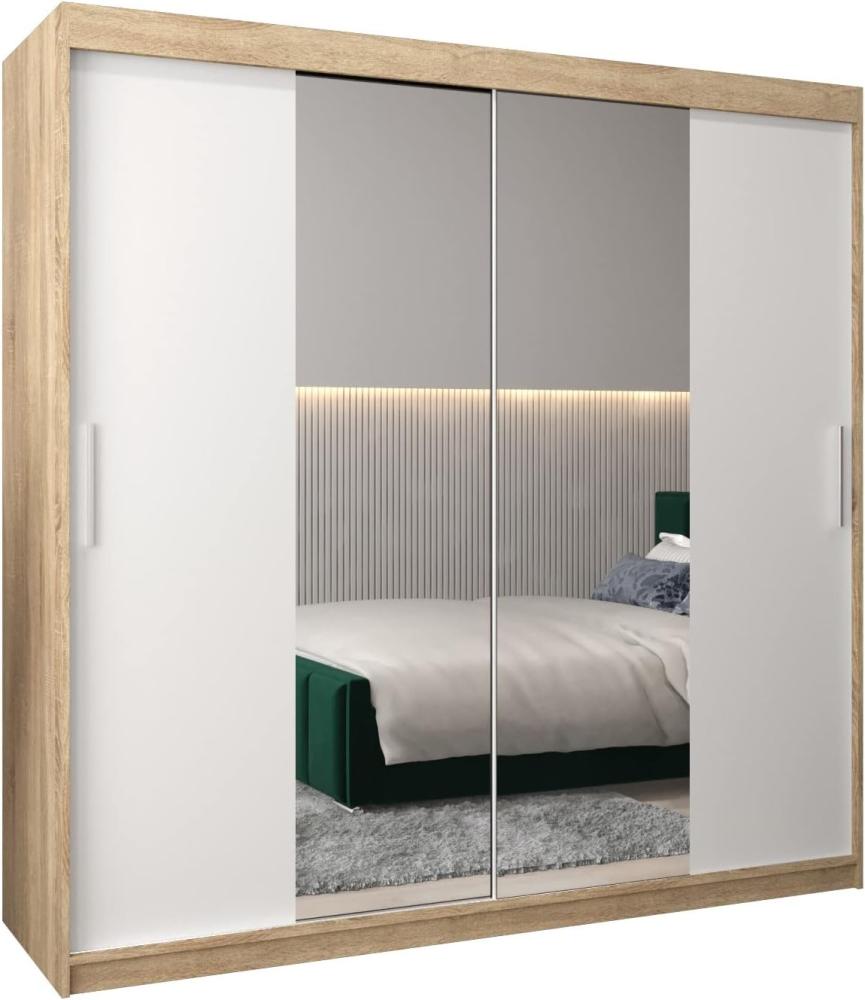 Kryspol Schwebetürenschrank Tokyo 1-200 cm mit Spiegel Kleiderschrank mit Kleiderstange und Einlegeboden Schlafzimmer- Wohnzimmerschrank Schiebetüren Modern Design (Sonoma + Weiß) Bild 1