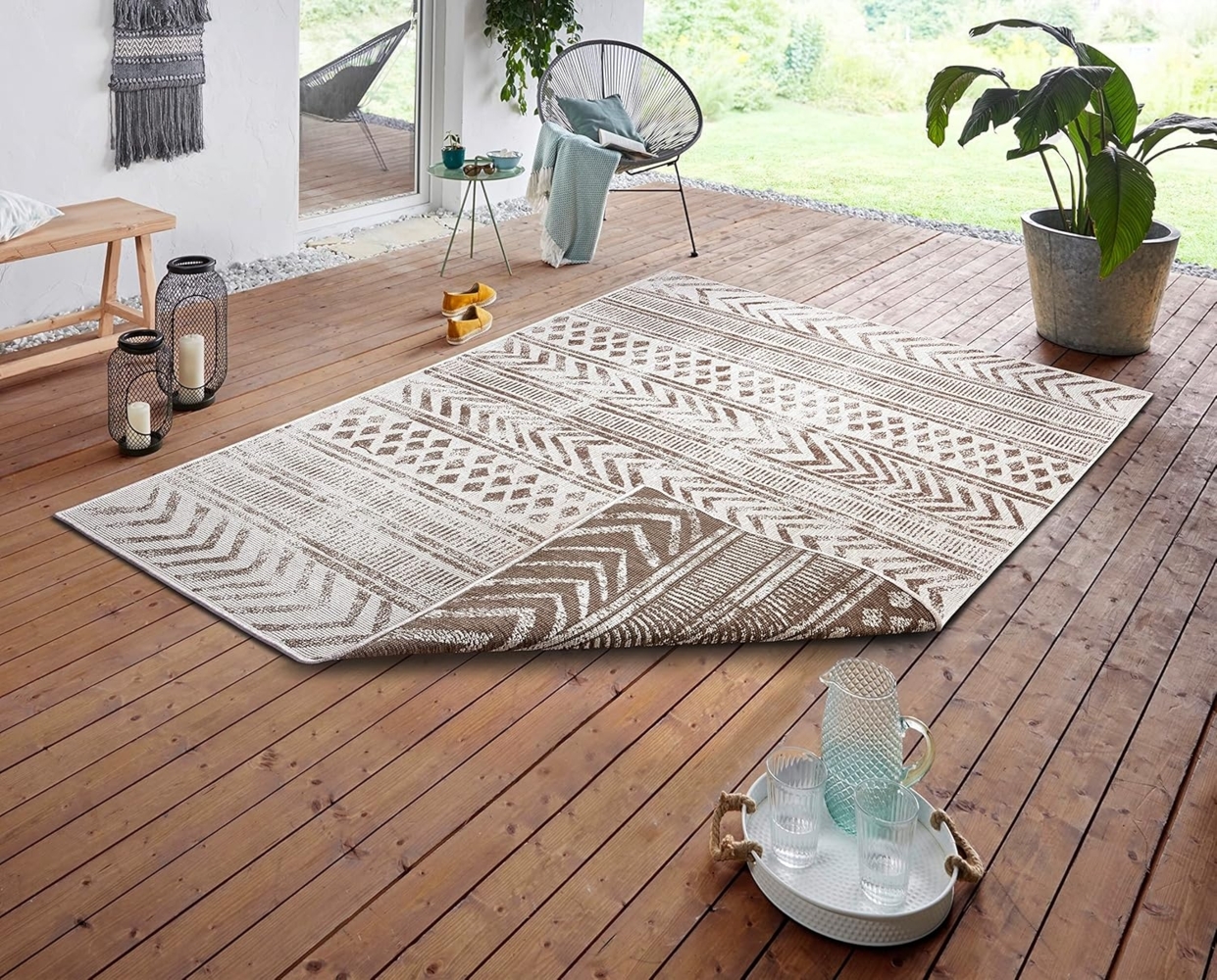 NORTHRUGS In- und Outdoor Teppich Biri 240x340 cm - Wendeteppich Wetterfest Boho Style Vintage Design Teppich für Balkon Terrasse Garten Wintergarten Wohnzimmerteppich Wasserfest in Linen Bild 1