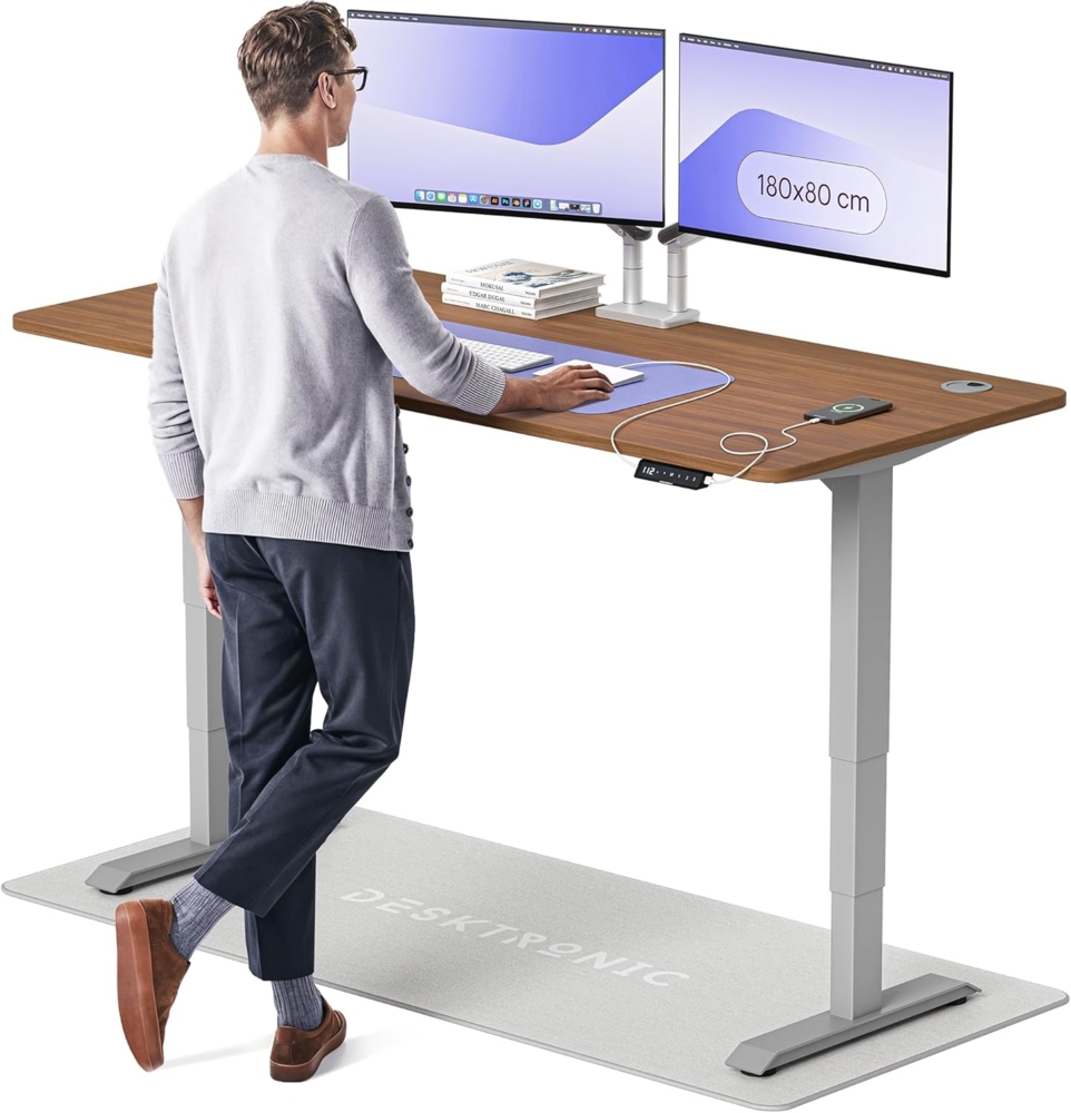 Höhenverstellbarer Schreibtisch - Höhenverstellbar Elektrisch mit Flüsterleisem Dual-Motor & Touchscreen - Hohe Tragfähigkeit - Stehtisch von Desktronic, Grau + Nussbaum, 180x80 cm Bild 1