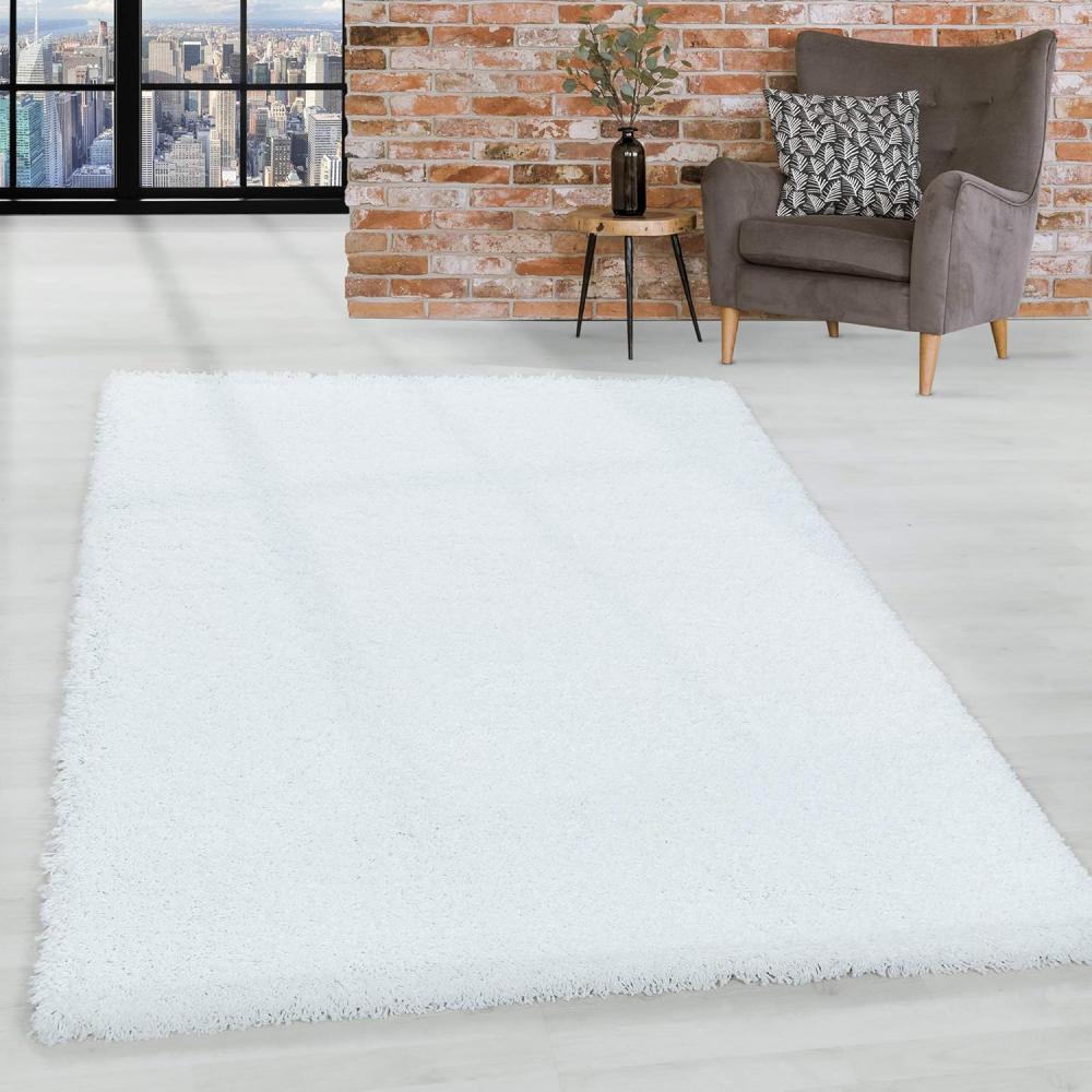 HomebyHome Shaggy Hochflor Teppich Wohnzimmer 120 x 170 cm Weiß - Teppich Flauschig, Modern, Plüsch und Extra Weich - Ideal für Schlafzimmer, Esszimmer und als Küchenteppich Bild 1