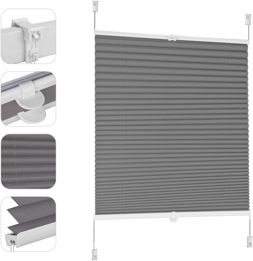 Sekey Plissee ohne Bohren Verdunkelung, Fenster Plissee Klemmfix Jalousie 75 cm breit, Verspannt Blickdicht Sonnenschutz Fensterollo, 75x200 cm, Dunkelgrau Bild 1