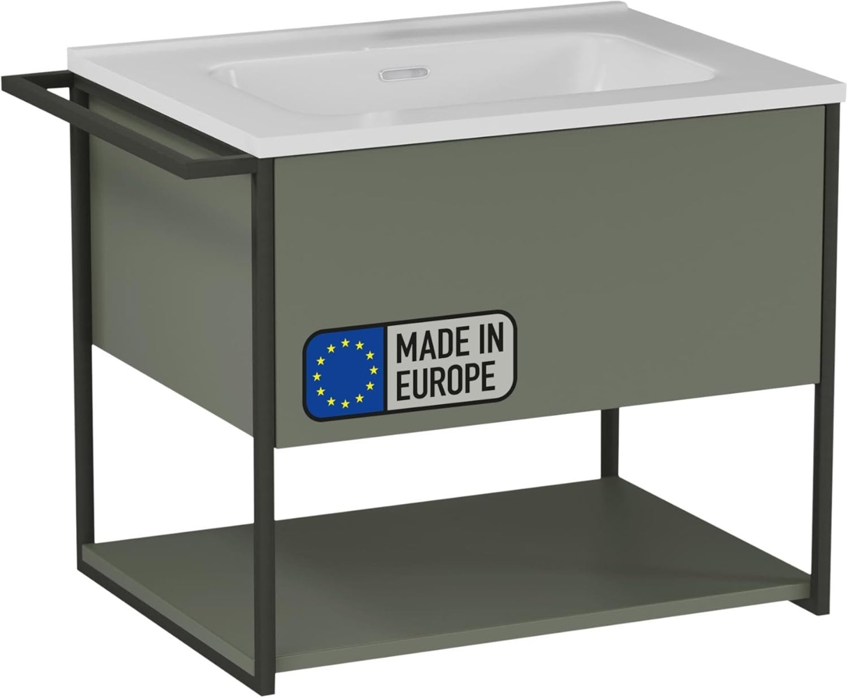 BADEDU DUNA Waschtisch mit Unterschrank 60 cm breit, Grün, Waschbecken Keramik Weiß Bild 1