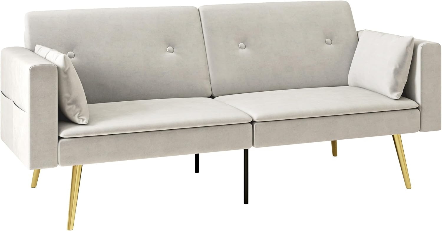 HOMCOM Schlafsofa mit Verstellbar Rückenlehne, Seitentasche, 2er-Sofa 1 Teile, für Wohnzimmer, Schlafzimmer, Beige Bild 1