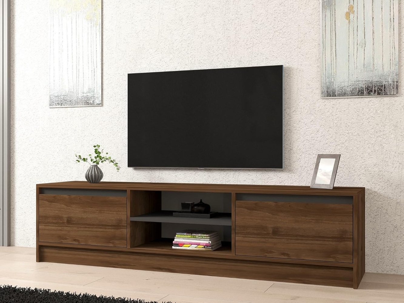 Hanah Home Stylish TV Stand, Walnut & Anthracite, 180 x 45 x 40 cm | 100% Melamine Coated Particle Board, 18 mm Thick | Durable Plastic Legs, Modern Design Bild 1