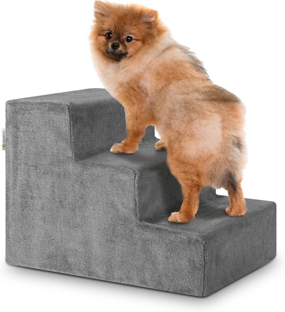 Juskys Haustiertreppe Hundetreppe 36 cm - Treppe 3 Stufen Plüsch-Bezug waschbar - Katzentreppe Hunderampe für Bett, Sofa, Couch und Auto - Bezug Grau Bild 1