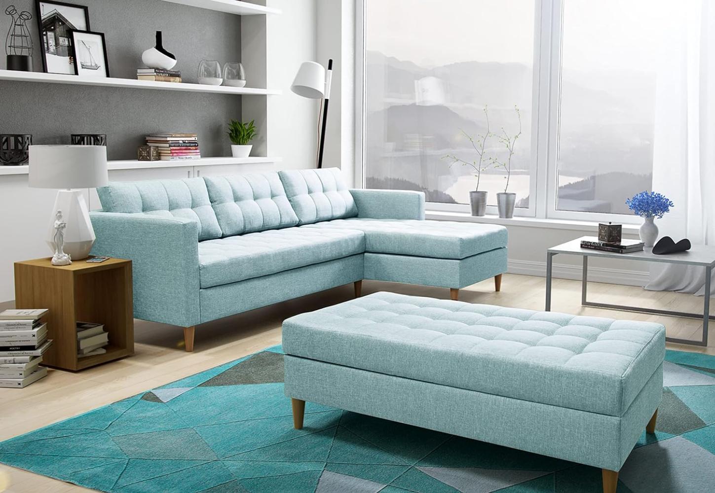 FURNIX Ecksofa NORGEN II Eckcouch mit Bettfunktion - Edle Wohnzimmersofa mit Hocker, Federkern, Holzfüßen - L-Form Sofa Links/rechts, B 220 x T 154 x H 86 cm, Bettfunktion SW 72 (hell blau) Bild 1