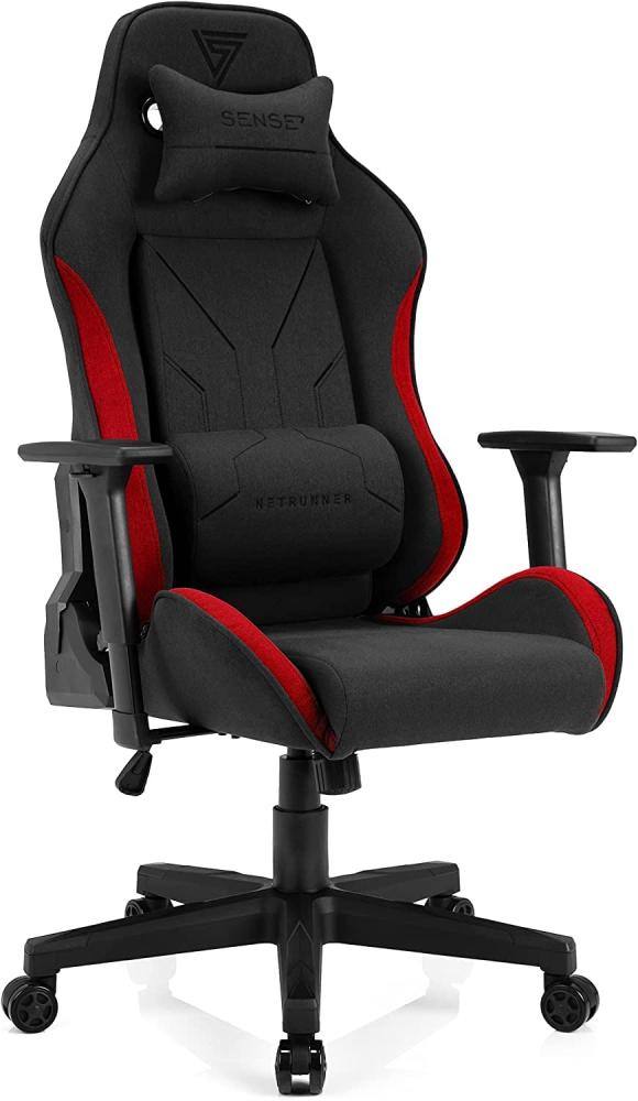 SENSE7 Gaming Stoff Netrunner Bürostuhl Zocker Gamer Ergonomischer Stuhl Armlehne Einteiliger Stahlrahmen Einstellbarer Neigungswinkel schwarz-rot, 41-49 x 72 x 57 Bild 1