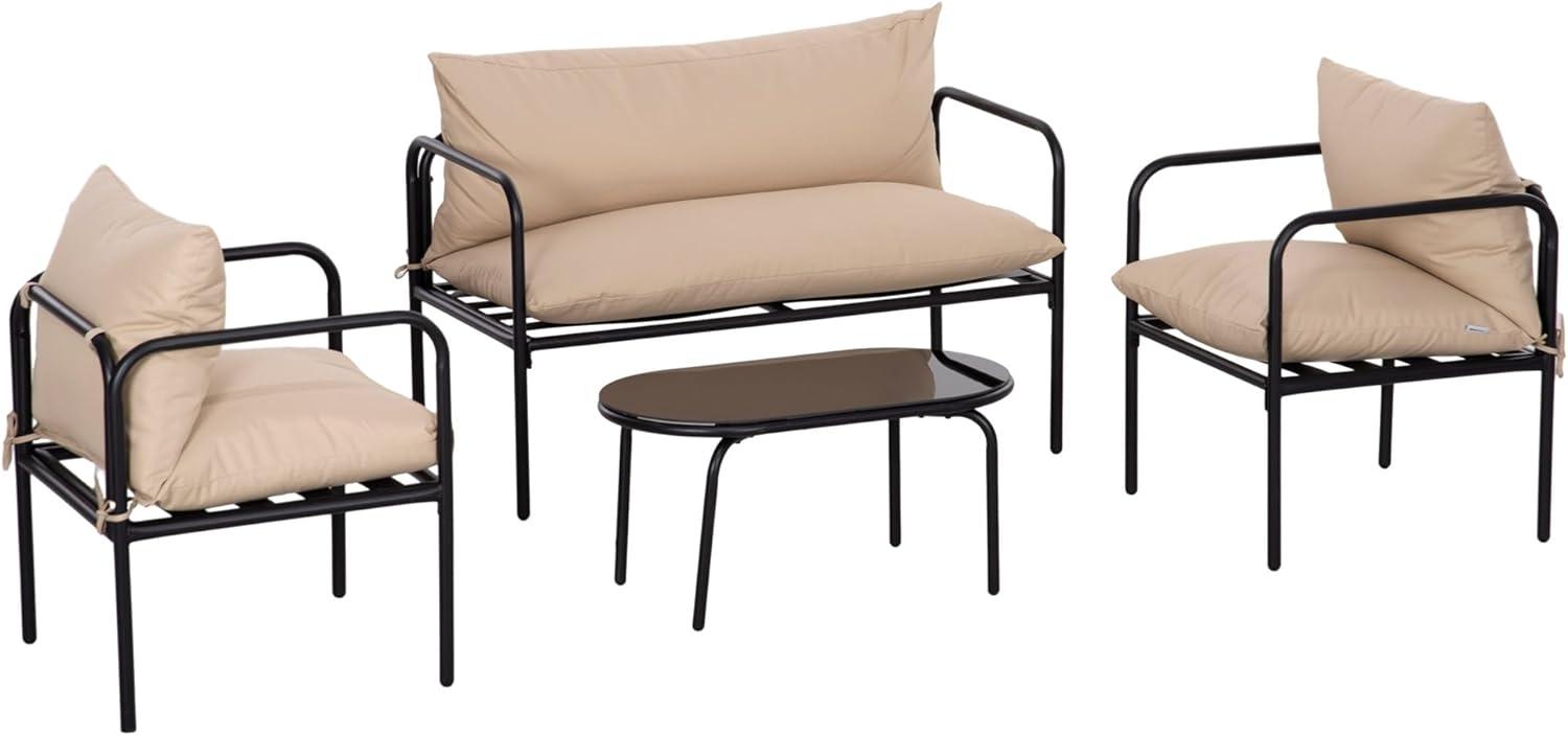 Outsunny Sitzgruppe Gartenmöbel-Set mit 2 Sesseln, Couchtisch aus Hartglas, Zweisitzer, (Gartengarnitur, 4-tlg, Sitzgarnitur), für Balkon, Terrasse, Stahl, Khaki Bild 1