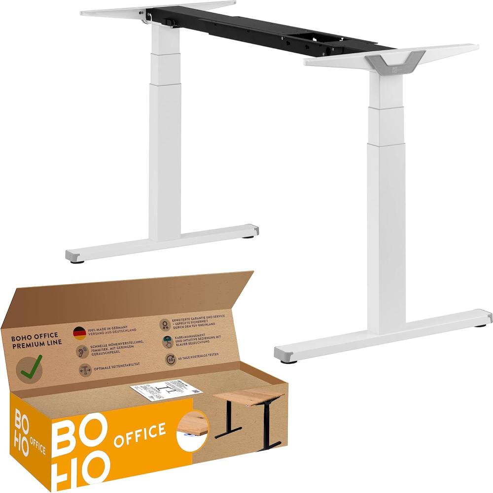 boho office® Premium Line - TÜV geprüfter, elektrisch stufenlos höhenverstellbarer Schreibtisch in Weiß (RAL9016) mit Kollisionschutz, Memoryfunktion und Softstart/Stop Funktion ohne Tischplatte Bild 1