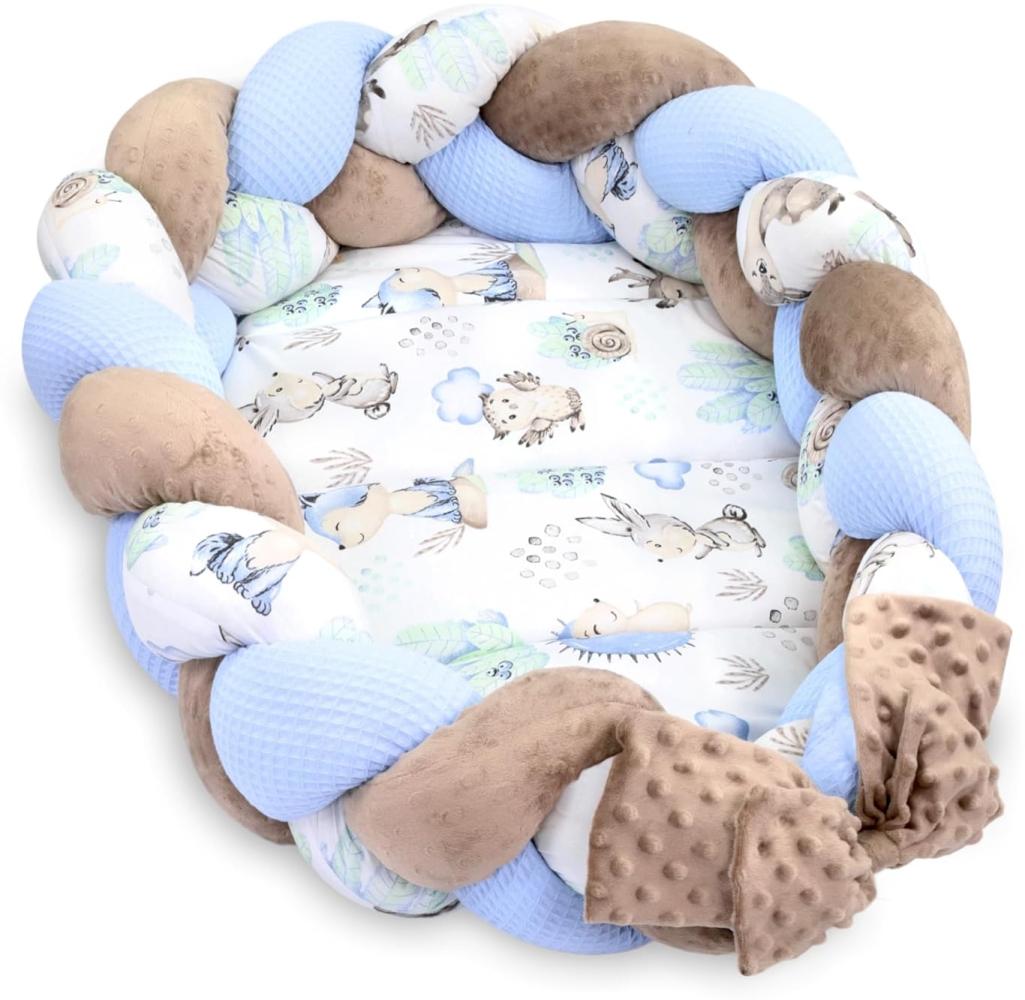 Babynest Neugeborene Nestchen Baby – Minky Kuschelnest mit Zopf Kissen zerlegbares Set zweiseitig Babynestchen Babybett 75x45 cm, Igel Bild 1