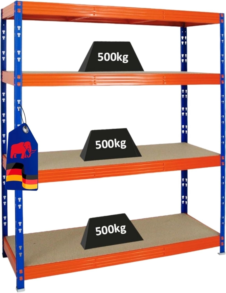 PROREGAL Profi Schwerlastregal Rhino BREIT blau/orange HxBxT 180 x 160 x 60 cm Fachlast 500kg 4X Spanplatten-Ebenen 16mm Garagenregal, Lagerregal, Steckregal, Weitspannregal Bild 1