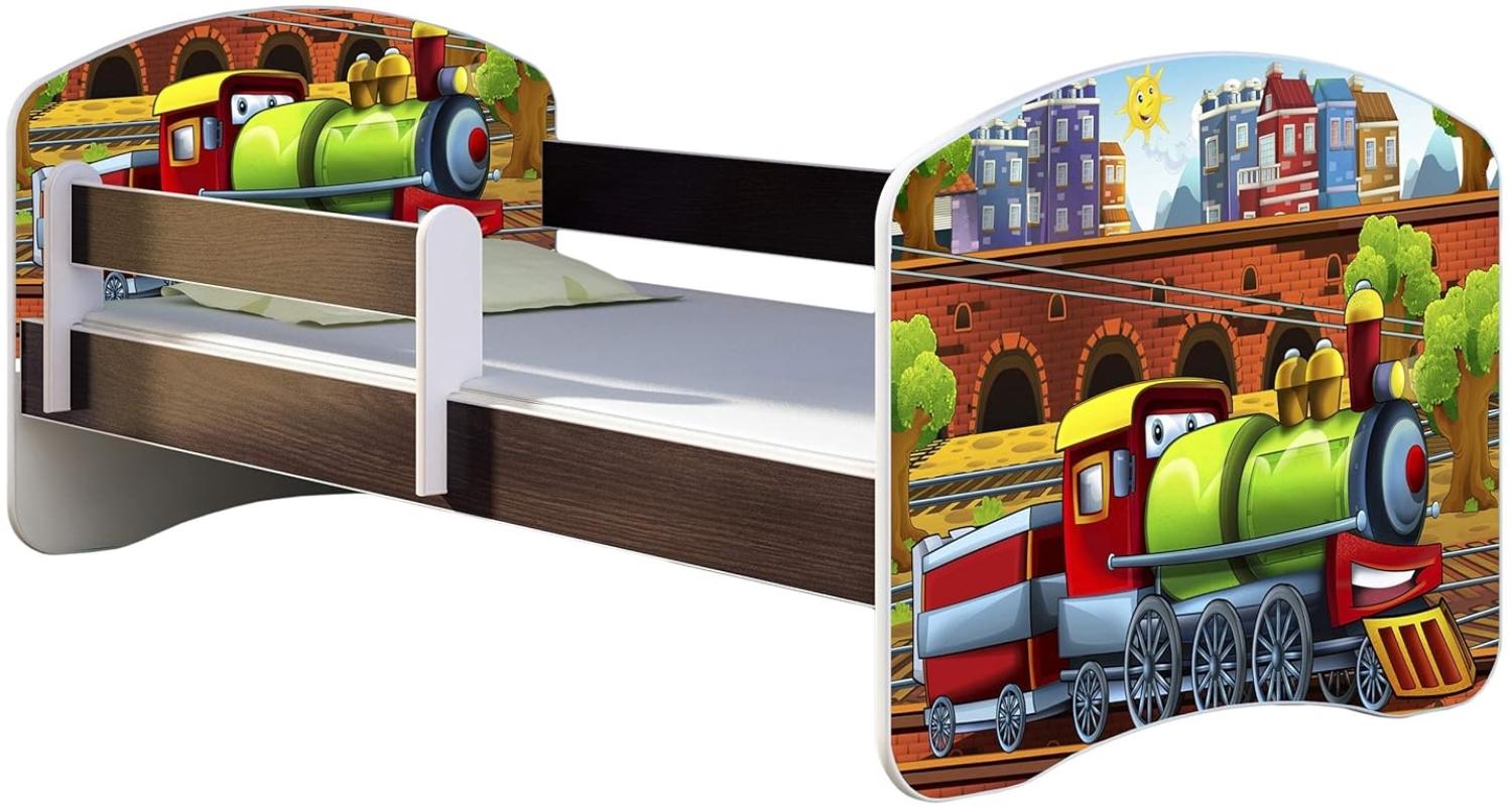 ACMA Kinderbett Jugendbett mit Einer Schublade und Matratze Wenge mit Rausfallschutz Lattenrost II 140x70 160x80 180x80 (44 Lokomotive, 160x80) Bild 1