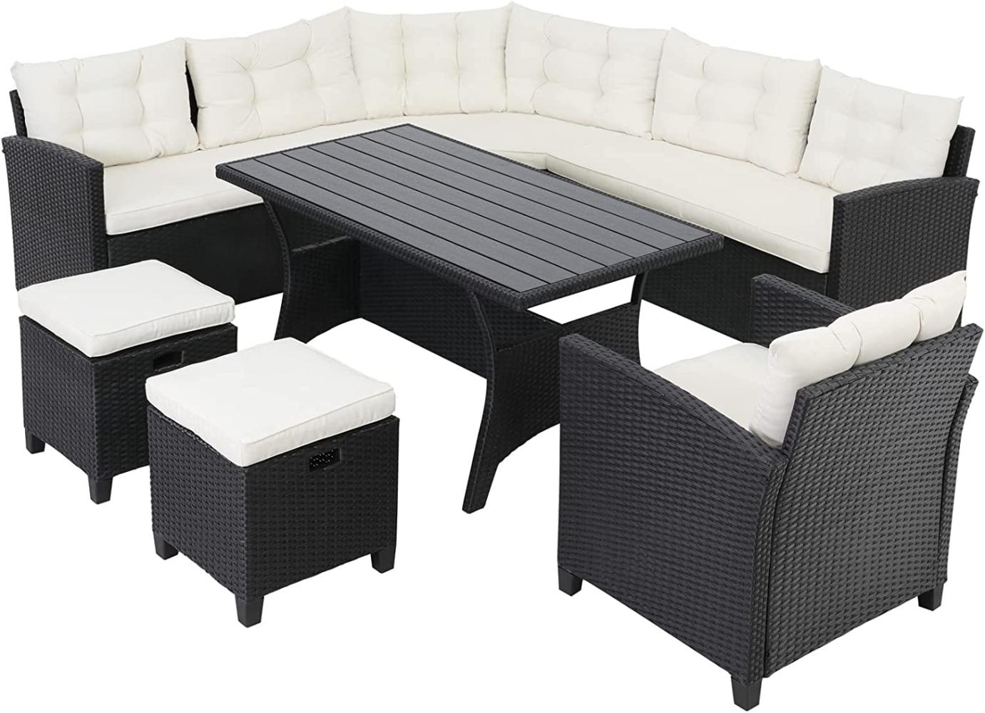 Casaria Gartenlounge-Set Porto, (5-tlg), Polyrattan WPC Esstisch Eckbank 2 Hocker Sessel inkl. Kissen Auflagen Bild 1