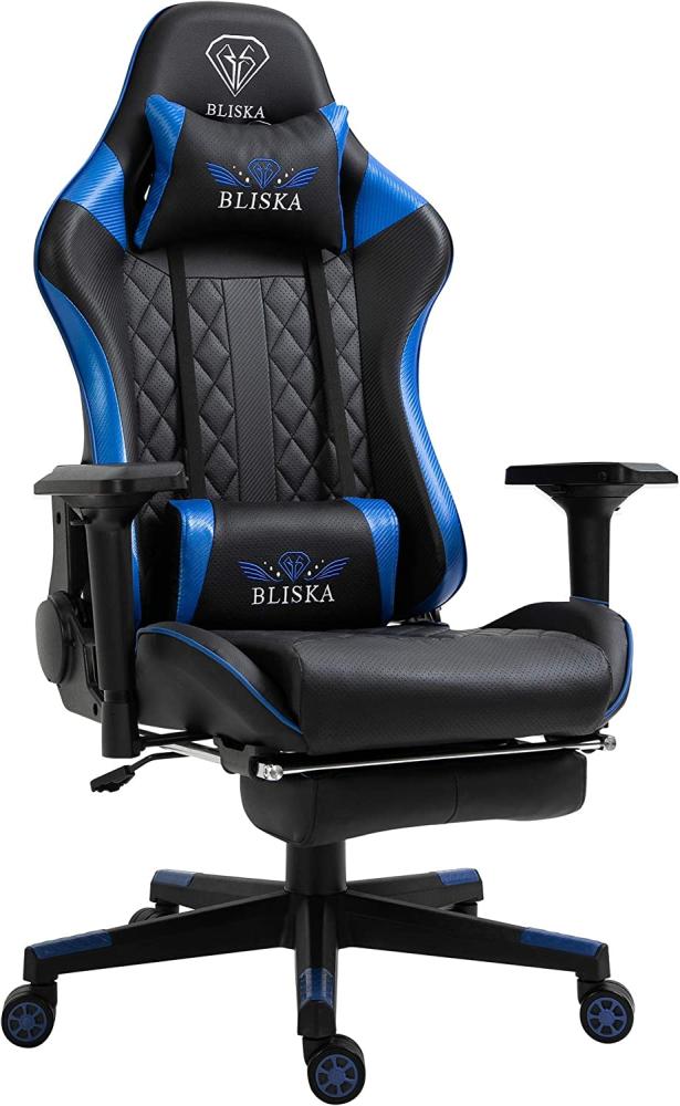 Gaming Stuhl Chair Racing mit Fußstütze und ergonomsichen 4D-Armlehnen Schwarz/Blau Bild 1